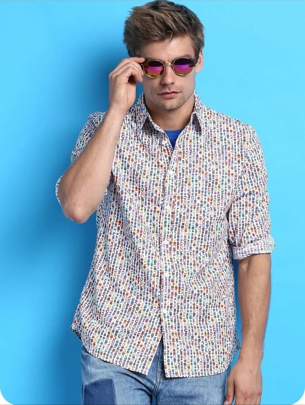 Desigual "Cromitomi" Multicolor Geometric Print Men's Button-down Shirt Size XL